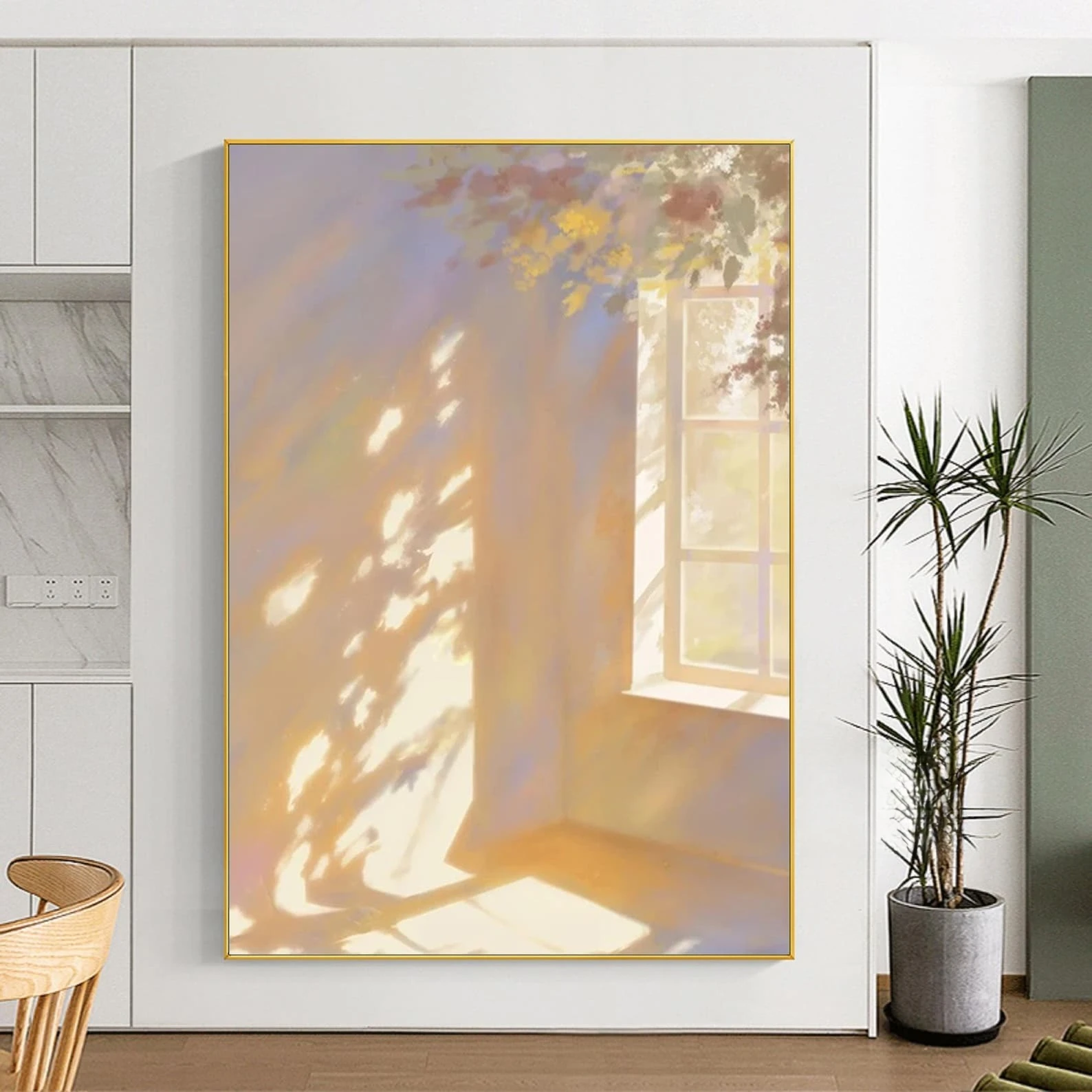 Modern Abstract Sunlight Streaming Through Window Poster Frameless Floral Shadows Canvas Wall Art for Living Room Decortion G