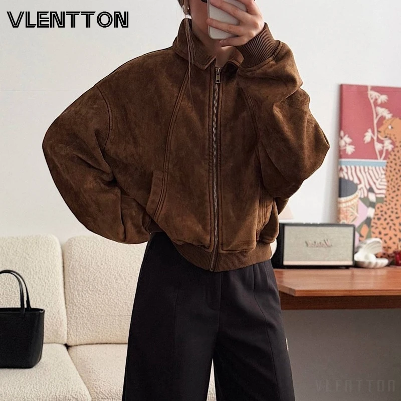 Women's Suede Zip-Up Jacket Coat with Pockets - Spring/Fall