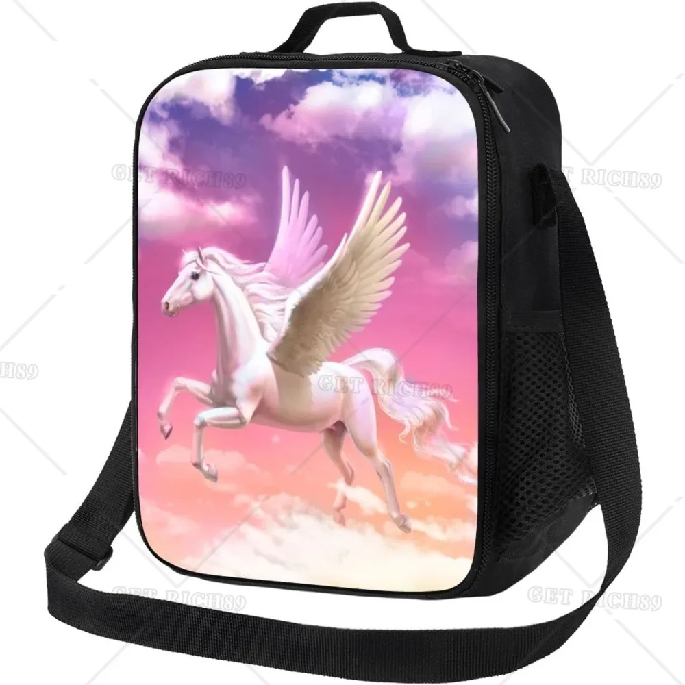 Animal White Pegasus Durable Waterproof Insulated Lunch Bag, Pink Cloud Reusable Cooler Thermal Lunch Box for Office Work School