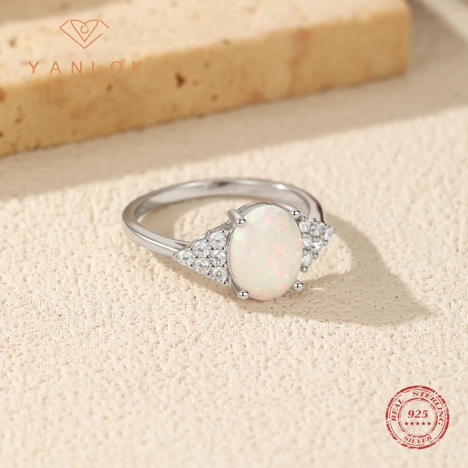 YANLOK 925 Sterling Silver Exquisite Sweet Oval Opal Finger Rings For Women Daily Party Fine Jewelry Accessories
