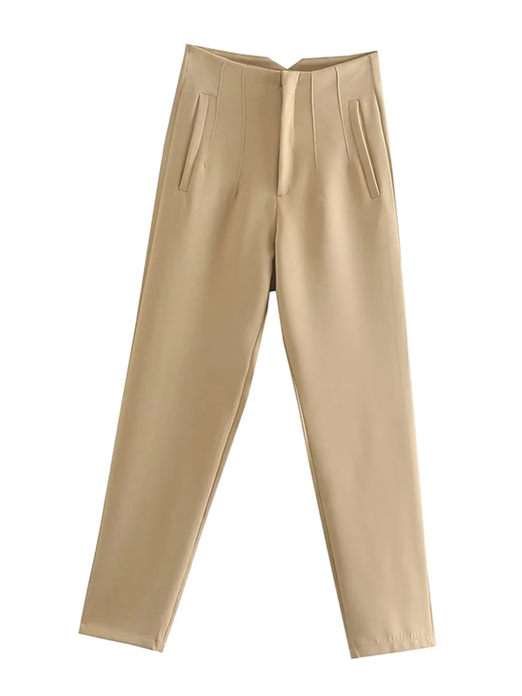 Calças Femininas Elegantes de Cintura Alta com Bolsos, Pregas e Zíper, Calças Soltas até o Tornozelo para Escritório Primavera 2026