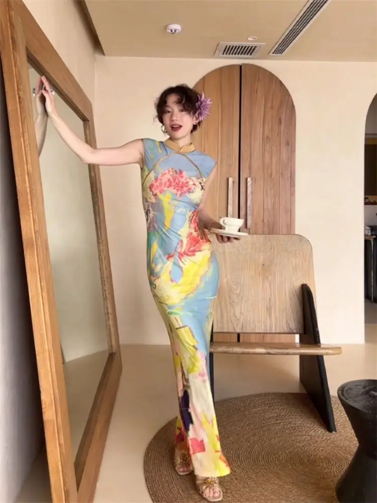 Women's Midi Long Dresses Sleeveless Bodycon Slim Elegant Summer Chinese Cheongsam Style Printed Dress y2k maxi boho vestidos