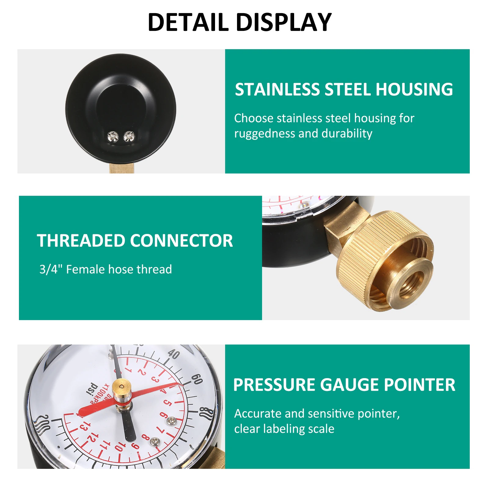 Lepmerk Manomètre de test de pression d'eau 2-1/2'' - 3/4'' Femelle 0 - 200 PSI Pointeur rouge