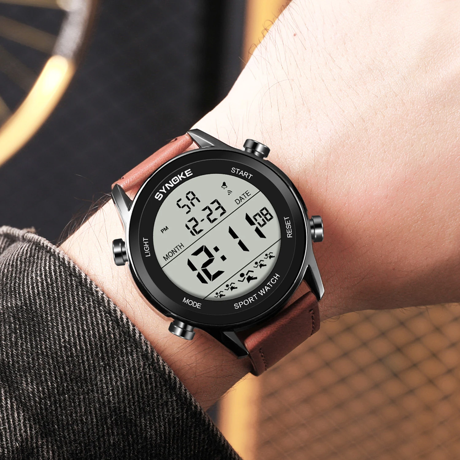 남성용 디지털 스포츠 시계, 가죽 스트랩, SYNOKE 9855 전기 손목시계, 대형 스크린, 50M 방수