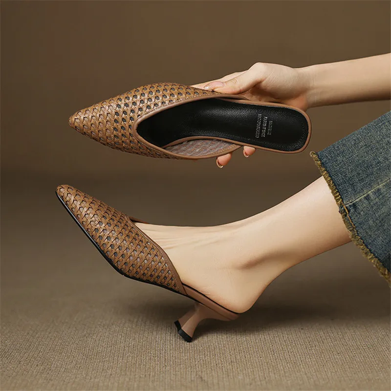 

New Spring/Summer Slippers Genuine Leather Shoes Pointed Toe Mules Shoes for Women Fashion High Heels Ladies Shoes Handmade