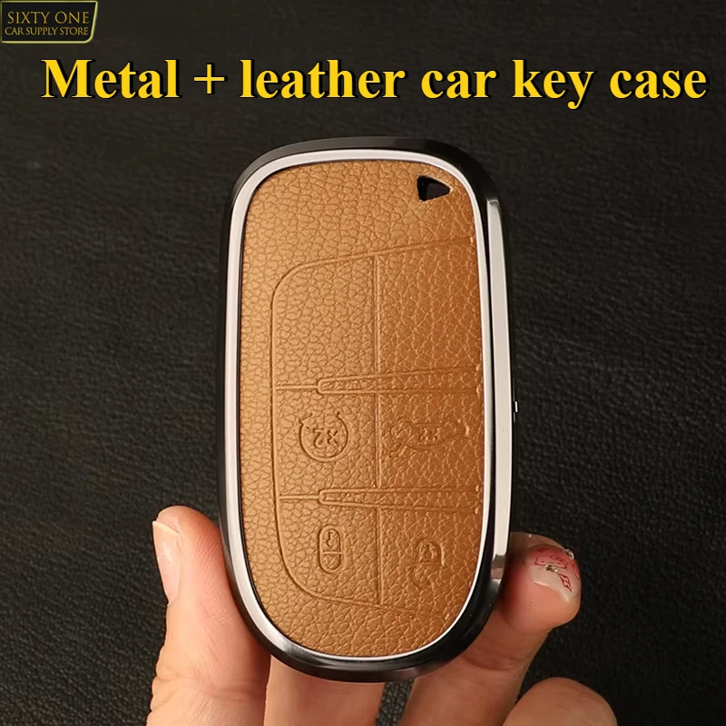 

For 2025 Jeep Renegade Compass Grand Cherokee for Chrysler 300C Wrangler Dodge Car Accessaries Metal Leather Car Key Cover