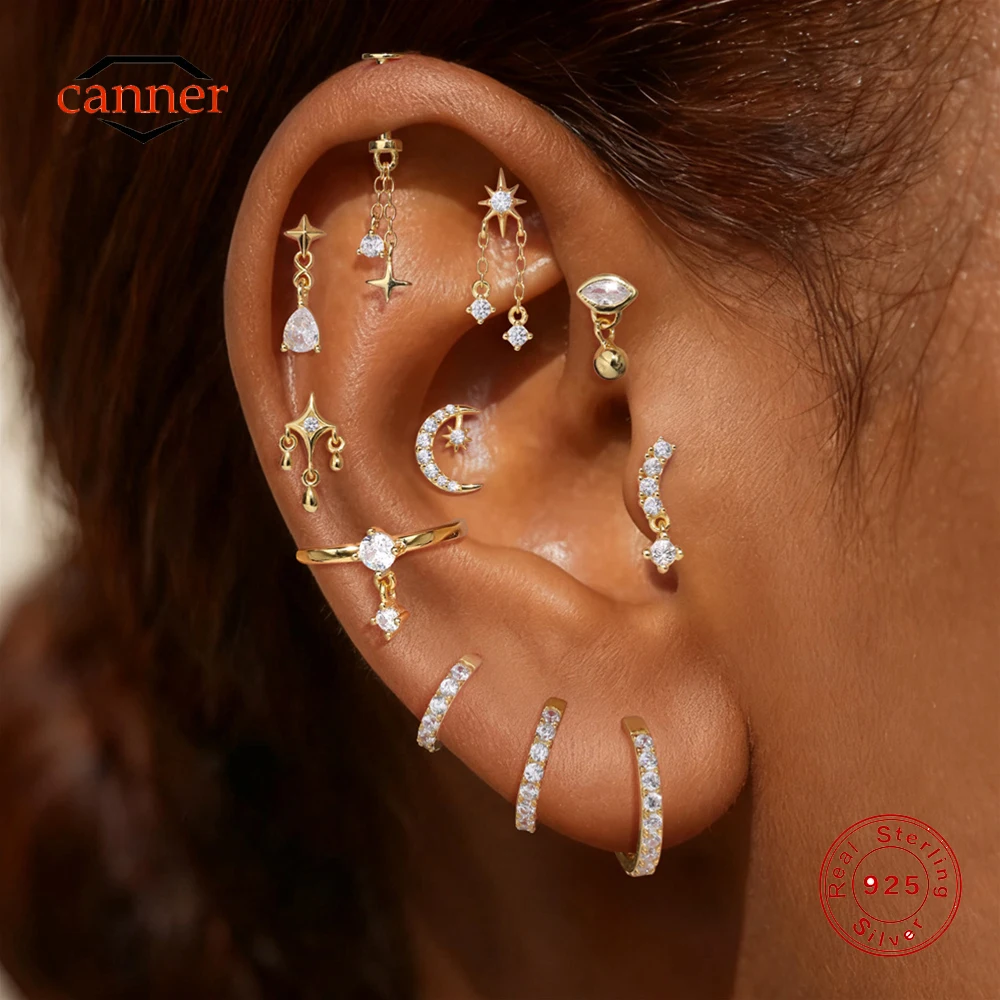 

CANNER 1PC 925 Sterling Silver Eight-pointed Star Moon Earings For Women Ins Classic 6/8/10mm Round Circle Piercing Earings Gift