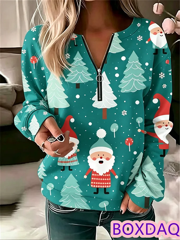 Autumn Winter Womens Sweatshirt Pullover Tops Loose Zipper V-neck Christmas Tree Santa Claus Print Long Sleeve Casual Sweatshirt