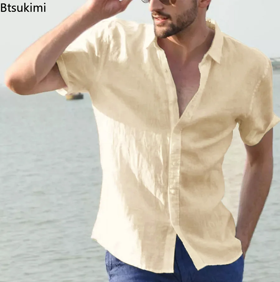 2024 Men's Summer Cotton Linen Short Sleeve Shirts Solid Casual Loose Blouse Tops Shirts Male Breathable Shirt Chemises Homme