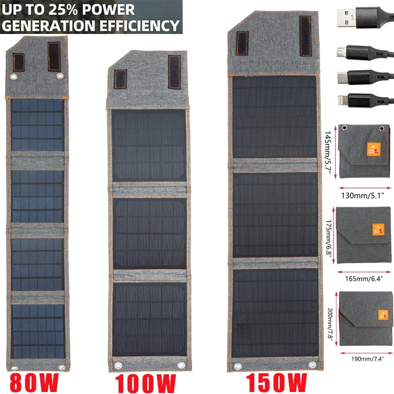 80W/100W/150W PET Foldable Solar Panel Bag 8W/10W/15W Under Normal Power Solar Fast Charger for Mobile Phone Power Bank Camping