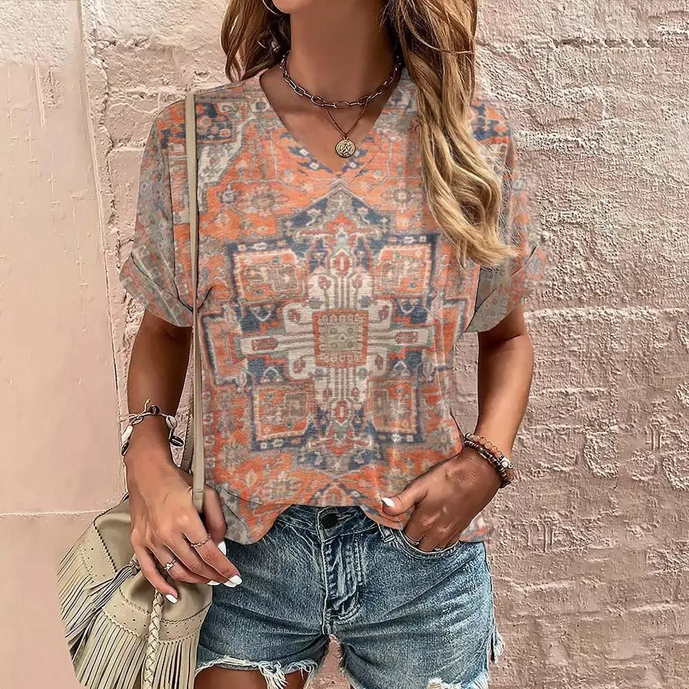 Vintage Bohemian Geometric Print T-shirts For Women\'s Plus Size Female Shirt Crop Top Summer Women Clothing Fashion Oversized