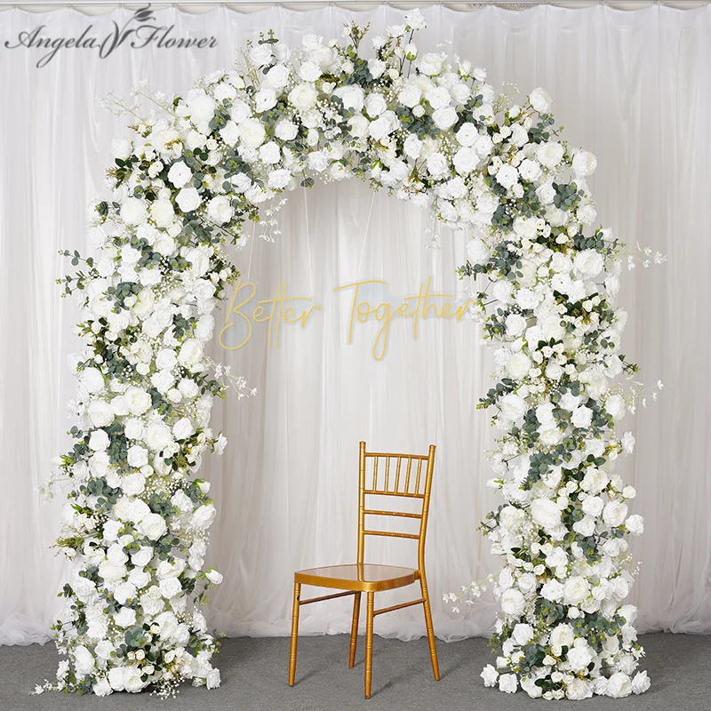 عداء صف زهرة الورد الأبيض، نفس الطفل، أوراق الأوكالبتوس الخضراء، ديكو قوس الزفاف، ترتيب الأزهار مع الإطار، دعامة الحدث #1