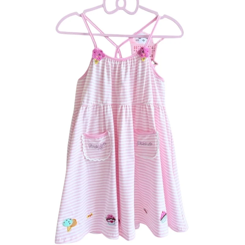Cute Cotton Embroidered Dress Women's Sweet Suspender Striped Dress Vestidos De Mujer Backless Cartoon Striped Summer Dresses