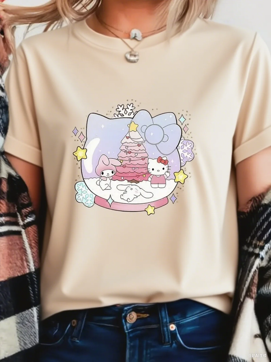 

Playful Sanrio Snow Globe Cotton T Shirt Fun Print of Sanrio Characters in A Christmas Snow Globe Soft Cotton Fabric Comfortable