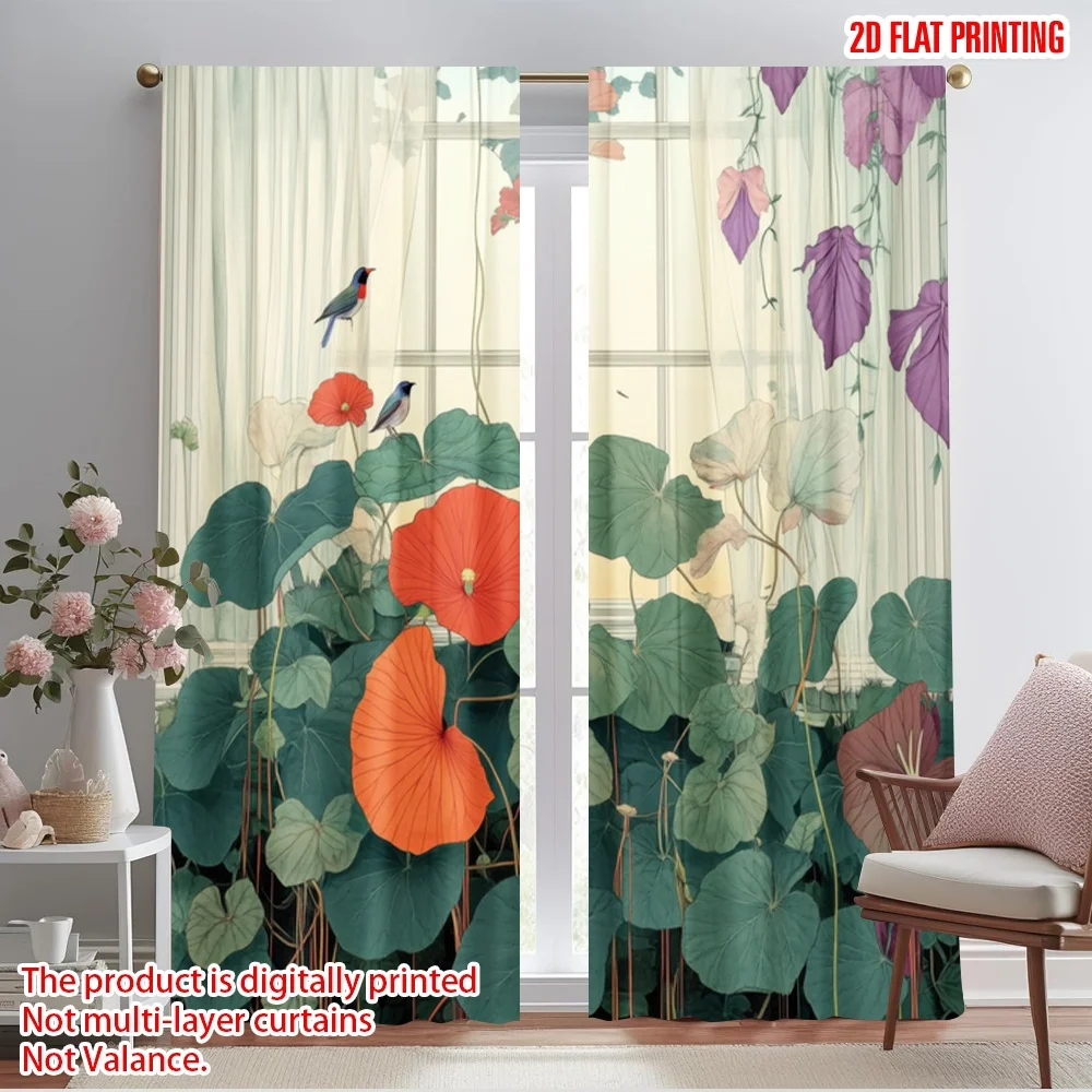 2pcs,2D plane printing Print Curtains Birds and Blooms Versatile Polyester (without rod) Outdoor Decorations Use for Bedroom,