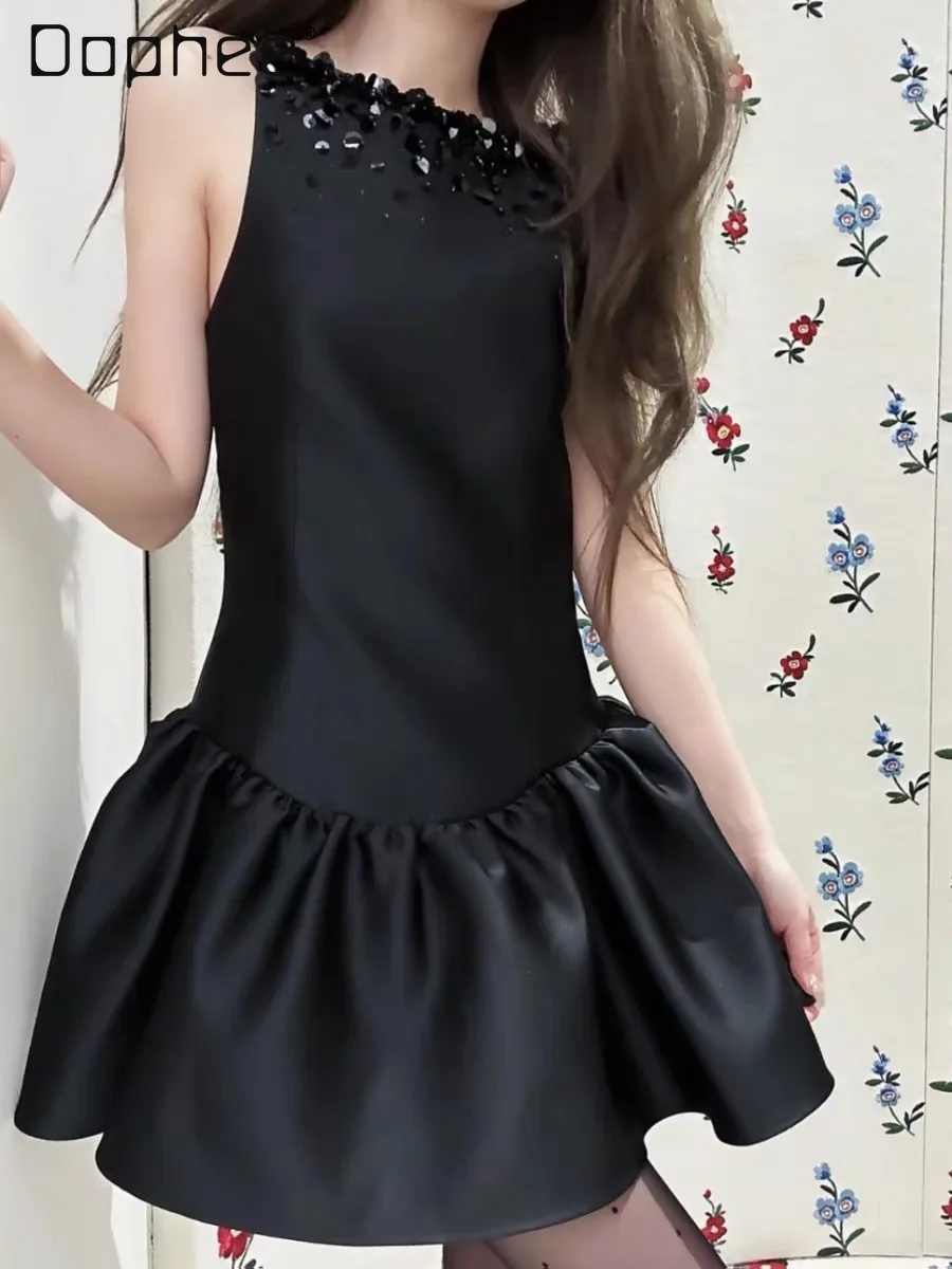 

Women's Irregular Sleeveless Black Dress 2024 Spring New Woman Sequins Round Neck Sleeveless Slim Short Meeting Sling Dresses