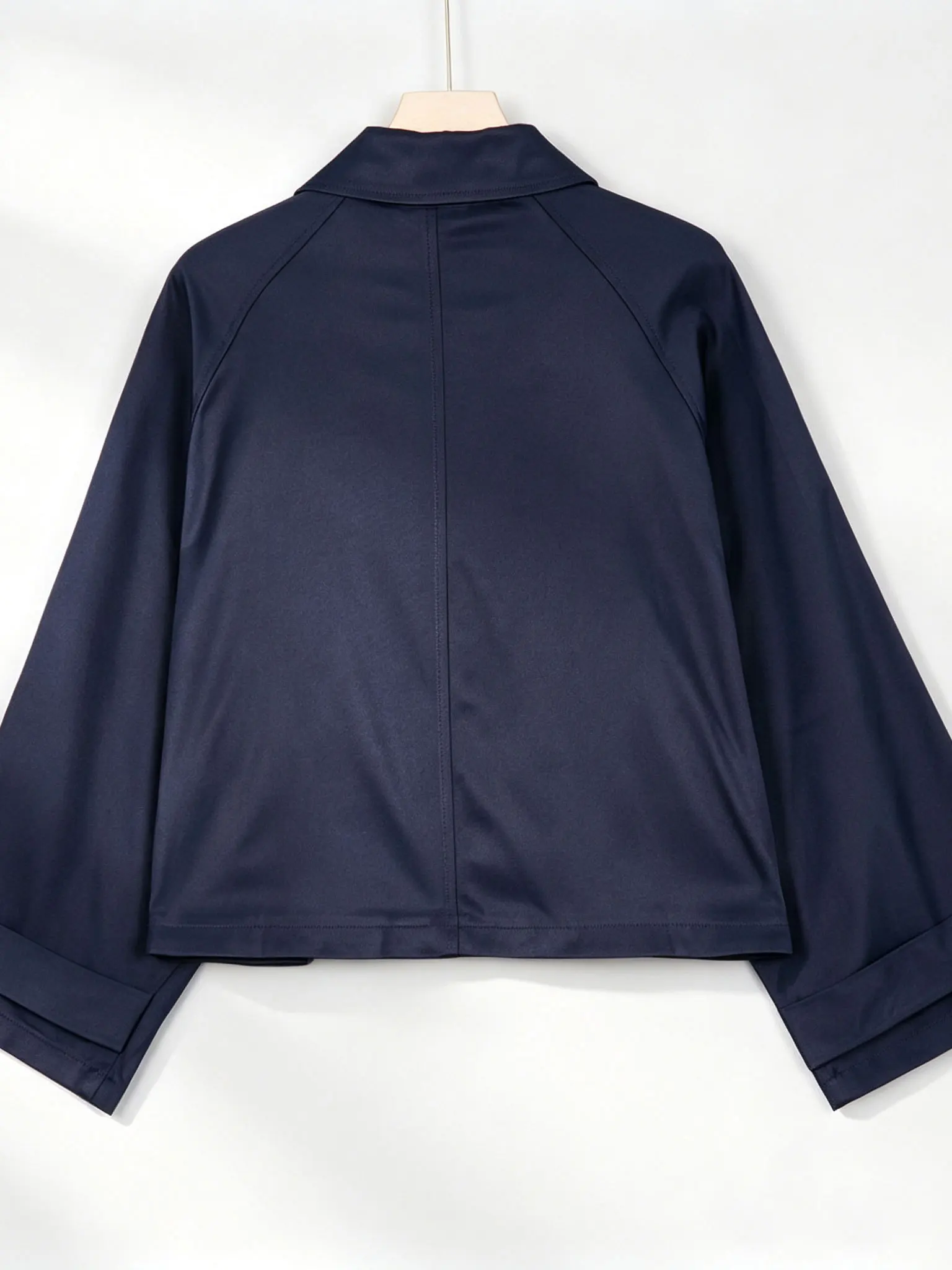 Casual Short Style Women's Windbreaker Single Row Button Turn-down Collar Jacket Outerwear in Dark Blue Color Standard Fit