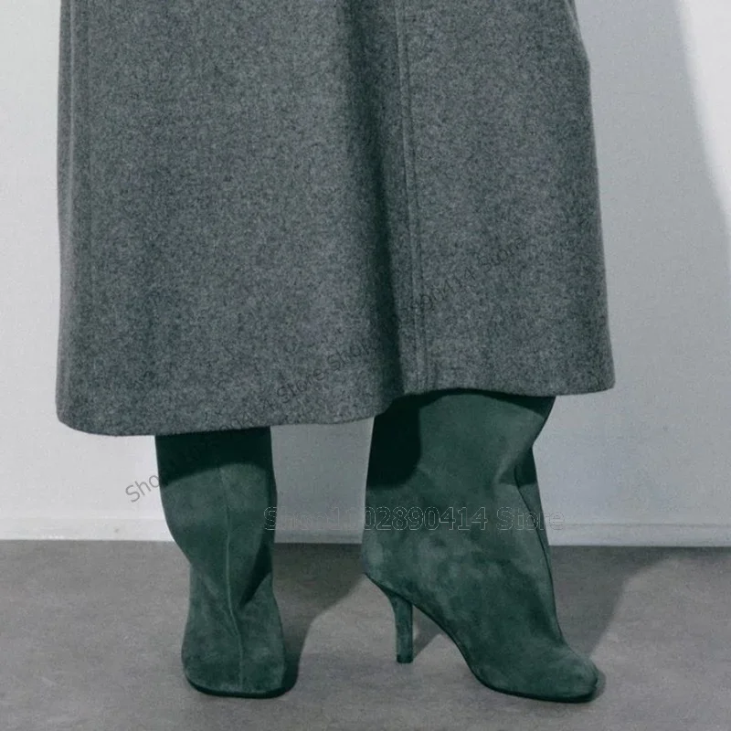 

Green Beige Horse Hoof Loose Large Cuff Boots Slip On Women Shoes Thin High Heels Novel Fashion Runway 2023 Zapatos Para Mujere