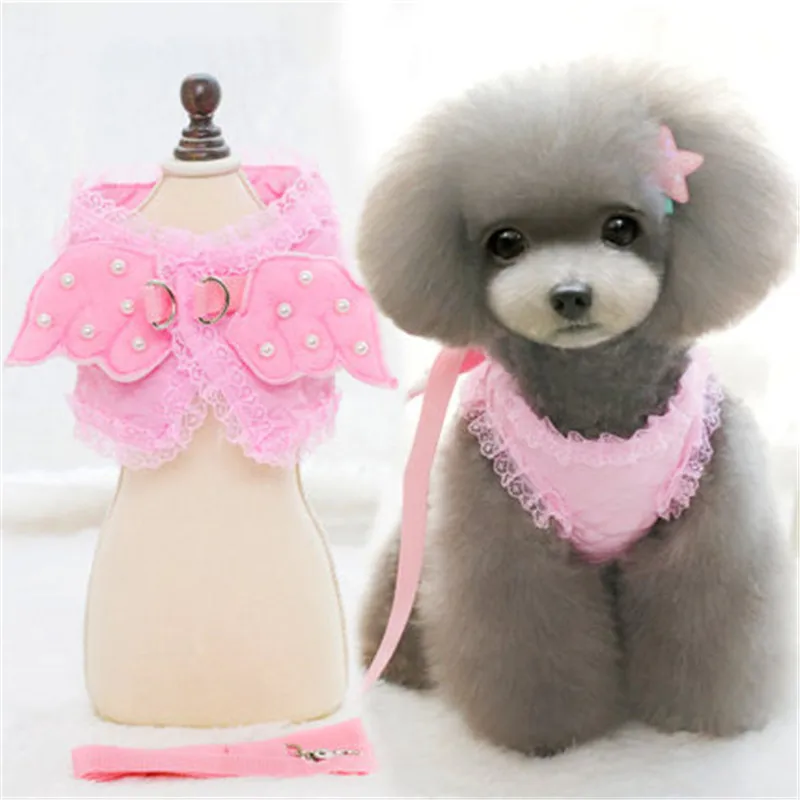 Small Dog Harness and Leash Set Pet Cat Vest Harness Pearl Cute Angel Wing Princess Pet Dog Harness Leashes Adjustable Leashes