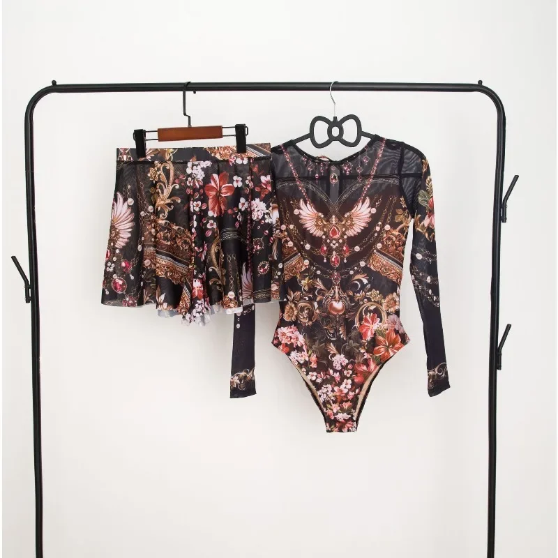 Femmes élégantes 2 pièces maillot de bain Vintage imprimé à manches longues body maillot de bain Mini jupes plage vacances tenues féminines vêtements