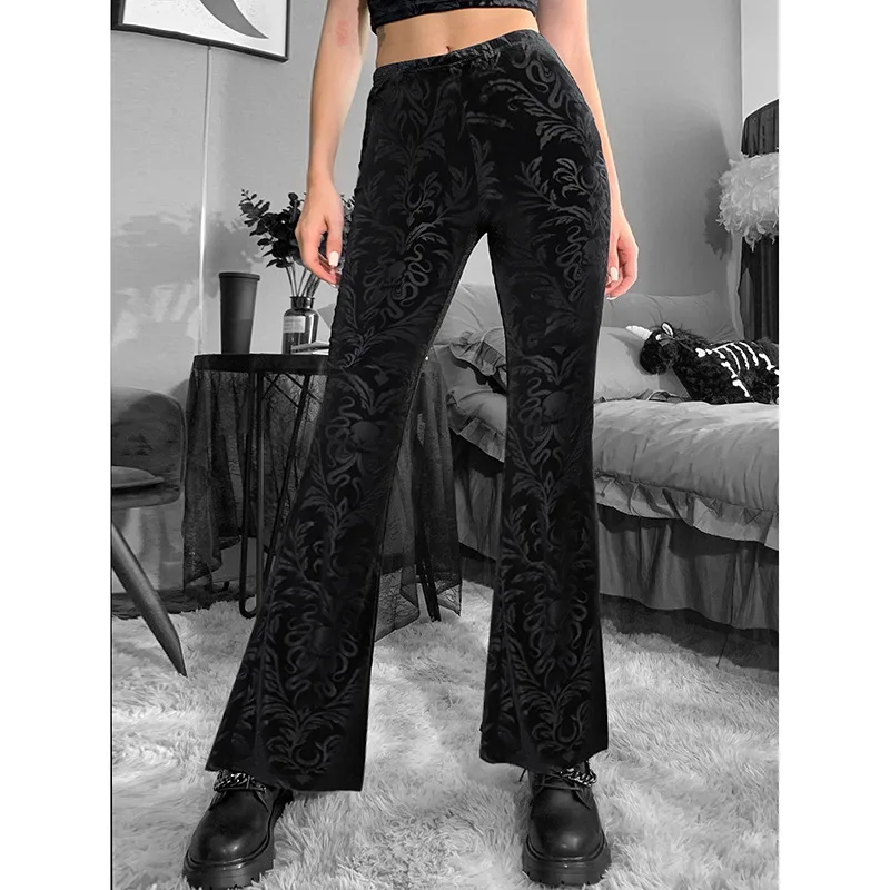 Dark Gothic Slim Fleece Legging Women 2023 Sexy Black Suede Embossing Long Skinny Legging Goth Indie Big Flower Printed Bottoms