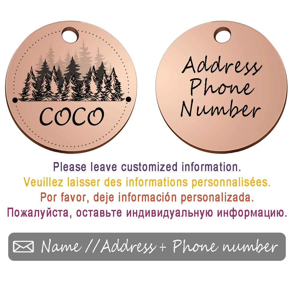 Circle Personalized Custom Dog ID Tag Collar Pattern Forest Cat Pendant Engraved Pet Necklace Chain Charm Supplies