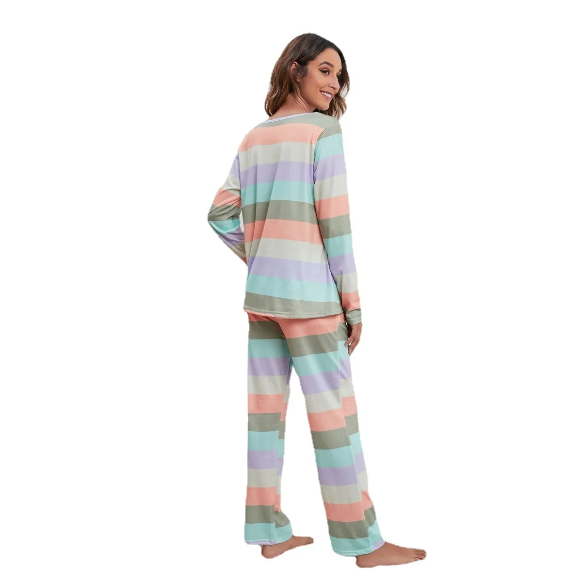 

New Autumn Winter Women's Casual Striped Print Large Size Home Clothes Set Comfortable Long Sve round Ne Other Material