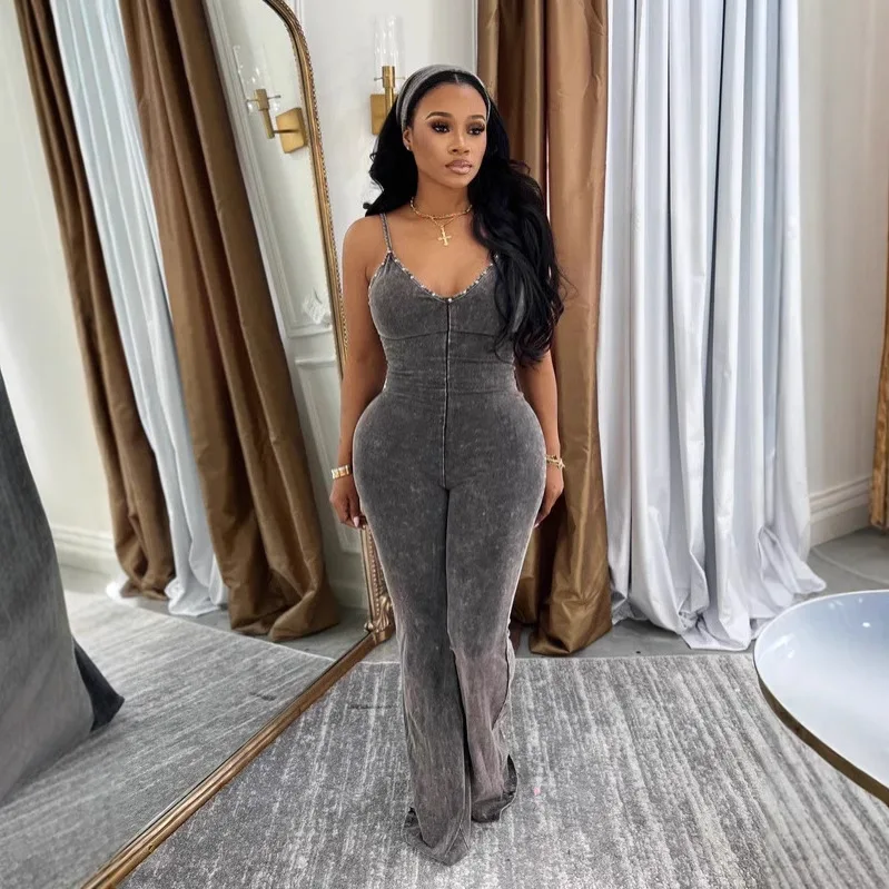 

Summer European and American cross-border women's hot-selling camisole washed V-neck tight denim jumpsuit （without headband)