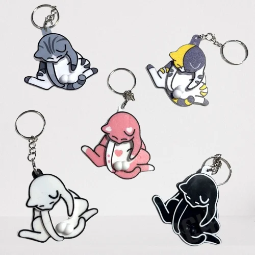 Cute Creative Pull Play Egg Cat Keychain Pendant Car Keys Bag Zipper Purse Funny Rotatable Acrylic Exterior Accessories Hot Sale
