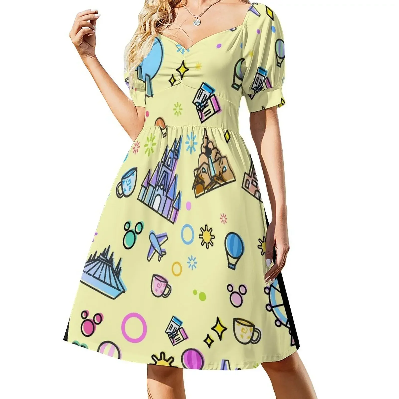 

Meet me at my Happy Place Yellow Pattern. Magical Princess Castle Design. Florida Icons. Short-Sleeved Dress