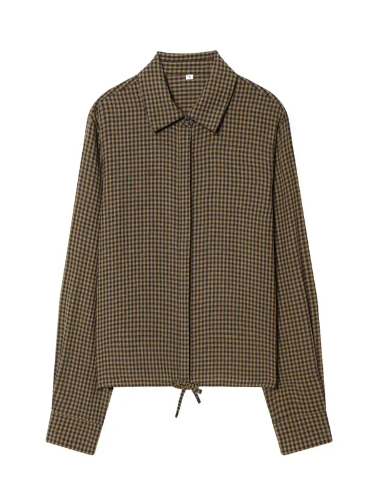 

Women Classic Casual Plaid Lapel Loose Shirt Long Sleeve V-neck Lace Up Hidden Button Blouse 2026 Lady Spring Autumn Commute Top