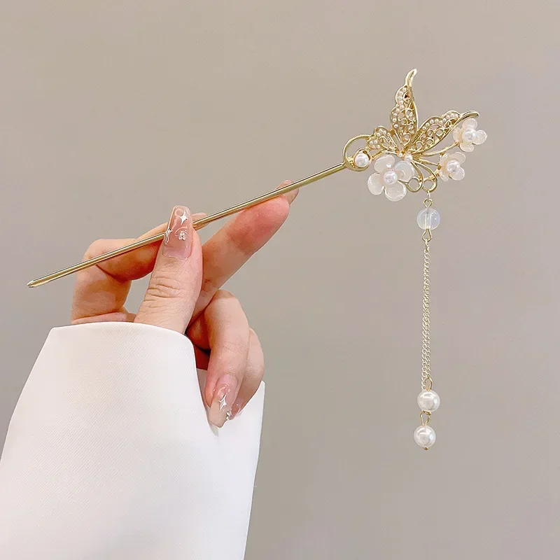 Retro Antique Tassel Phoenix Student Pearl Rhinestone Butterfly Hair Stick Jewelry Wedding Hair Accessories Charm Metal Hairpins
