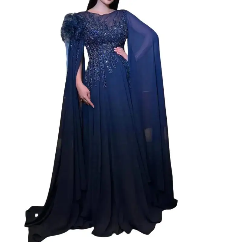 Customized Navy Blue Evening Dresses O-Neck Beaded Feather A Line Chiffon Women Formal Occasion Dress With Puffy Sleeve Prom