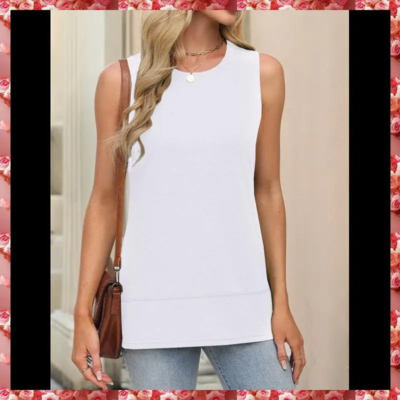 Womens Summer Tank Tops Sleeveless Round Neck Casual Side Hem Tops Loose Fit