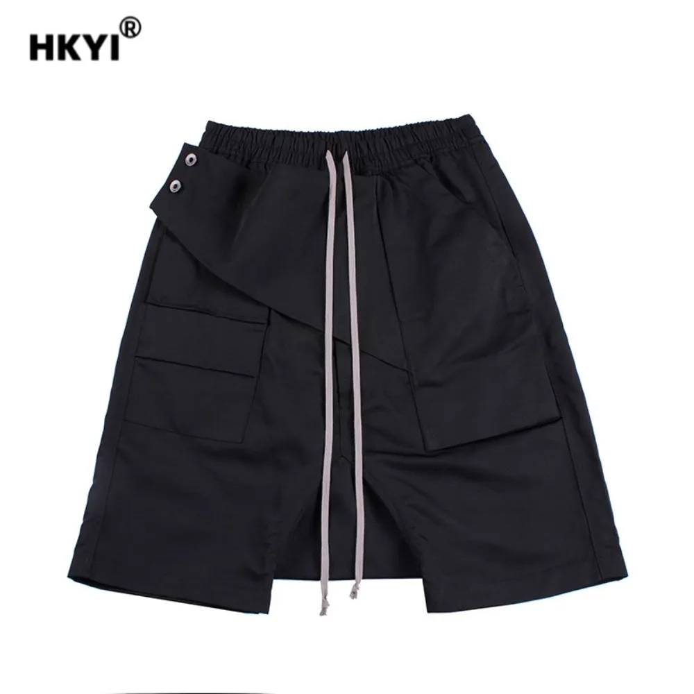 HKYI Men shorts front pocket fabric zipper button workwear mid  pants with multiple pockets loose pants