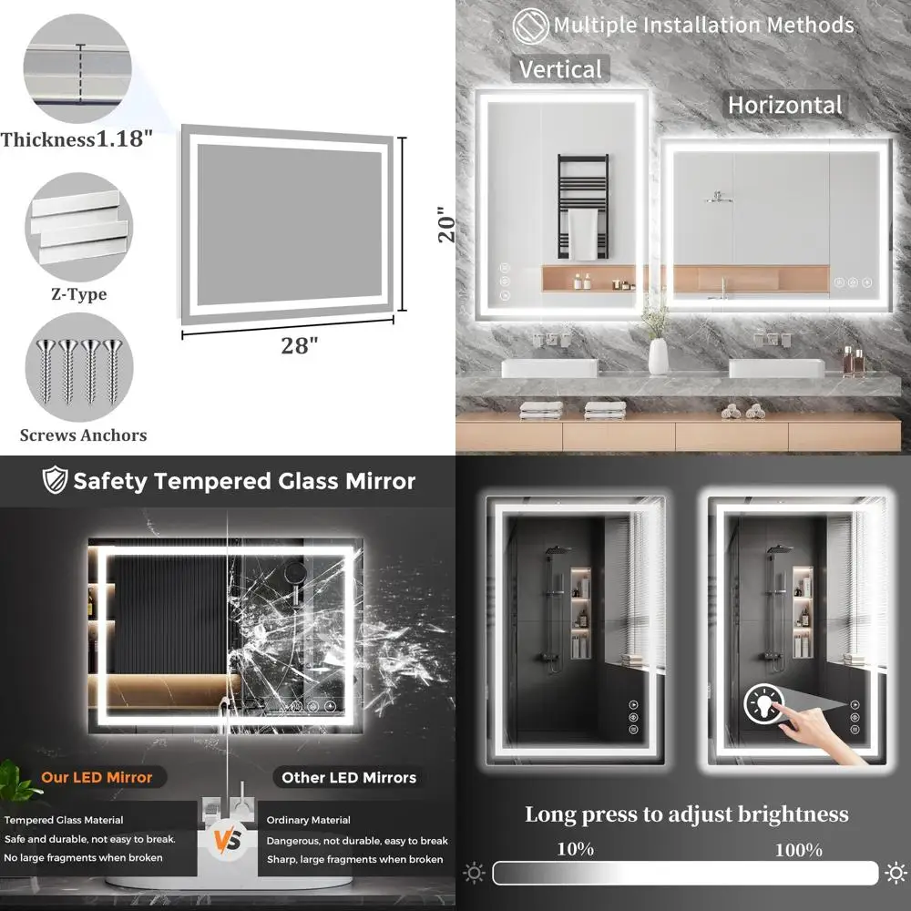 مرآة حمام من الزجاج المقسى المضيء مع أضواء LED بثلاثة ألوان، ومضادة للضباب، وسطوع خافت للضوء، ووظيفة الذاكرة