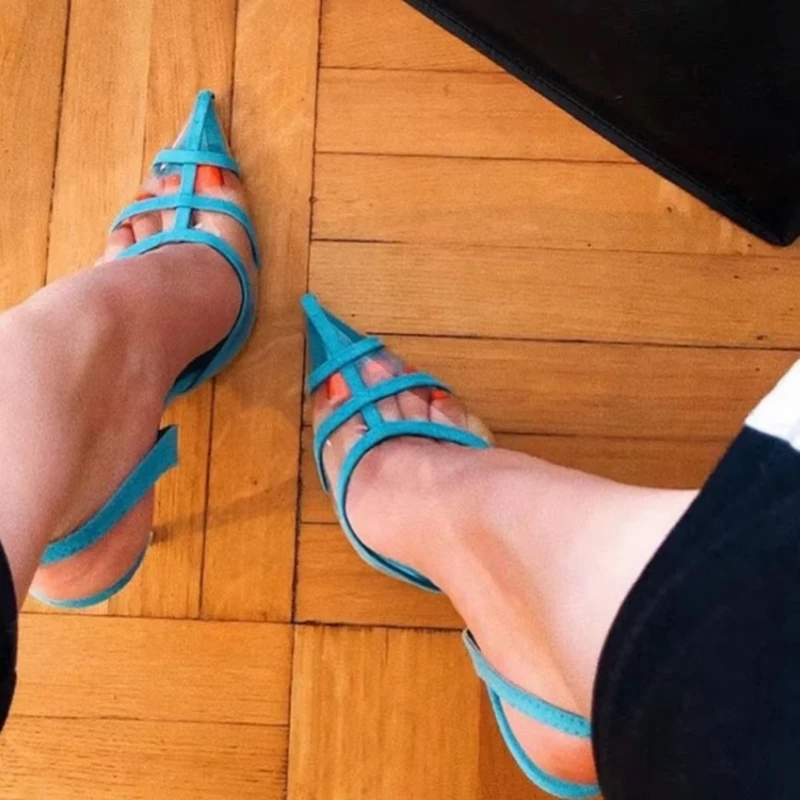 

Sexy Blue Slingback PVC Flock Leather Sandals Pointed Toe Transparent Patchwork Thin Heels Female Banquet Dress Shoes