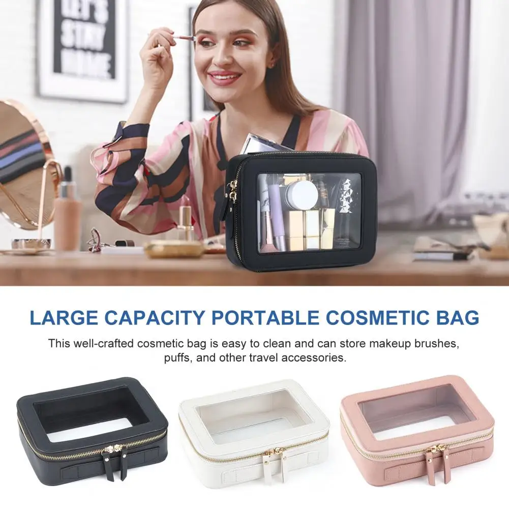 Transparent Window Cosmetic Bag Waterproof Transparent Cosmetic Bag with Dual Zipper Closure Capacity Faux Leather for Outdoor