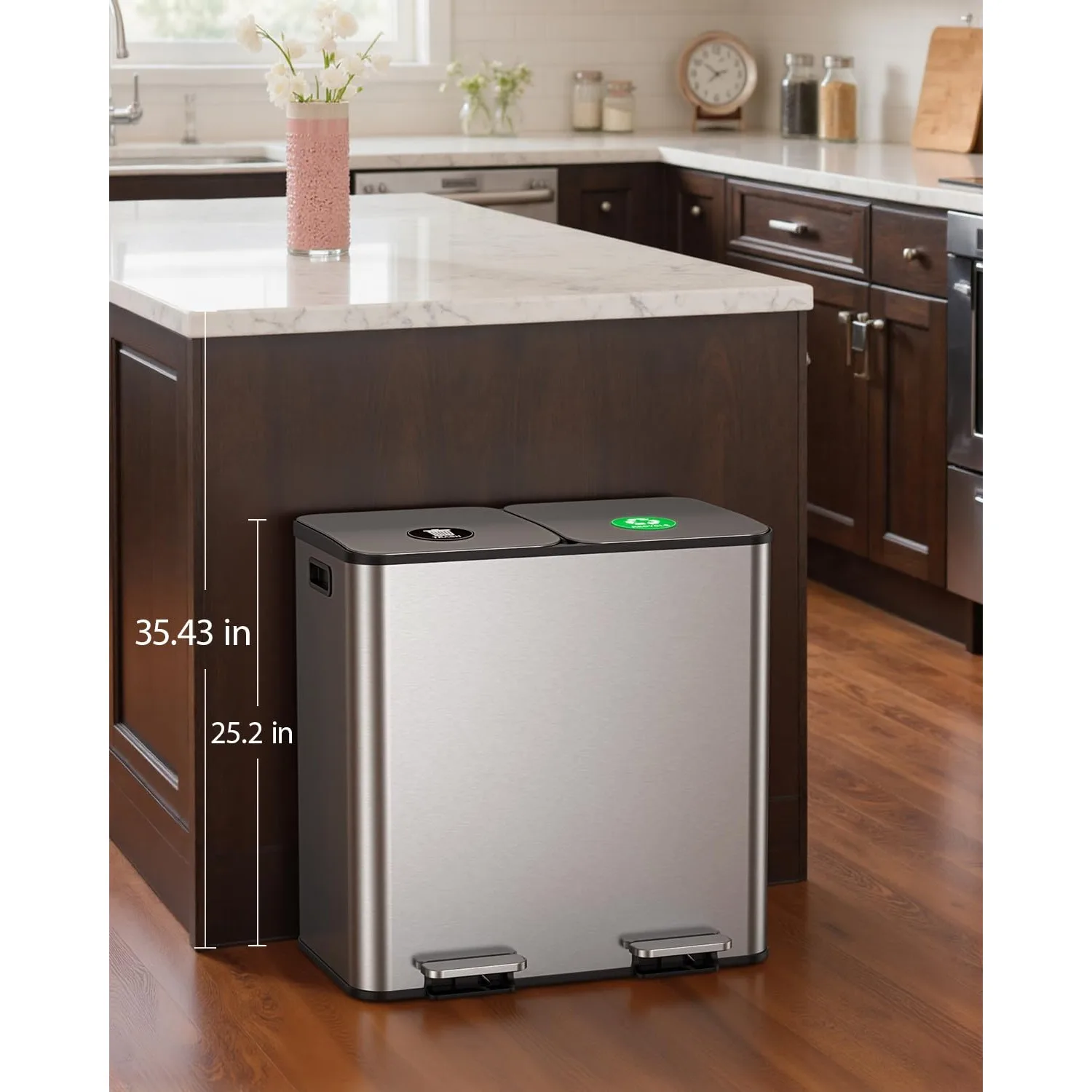 Dual Trash and Recycling Bins for Kitchen, 2 * 11-Gallon Stainless Steel Double Trash Can, Step-On Garbage and Recycle Combo, Quiet Close, Pet-Proof, Compatible with 13-Gallon Bags, Silver