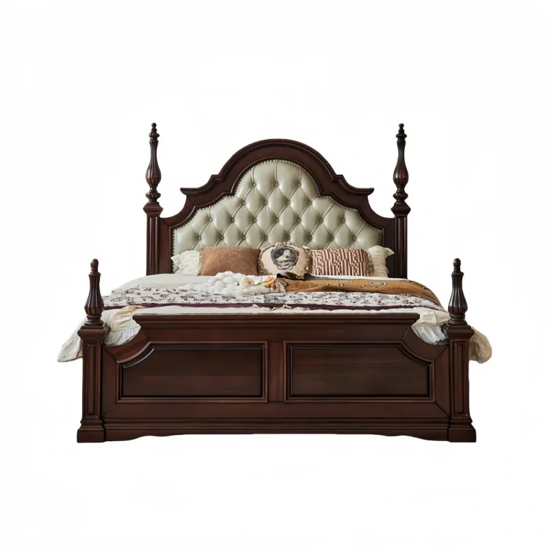 All solid wood retro silk teak first layer oil wax leather soft bag 1.8m solid wood bed