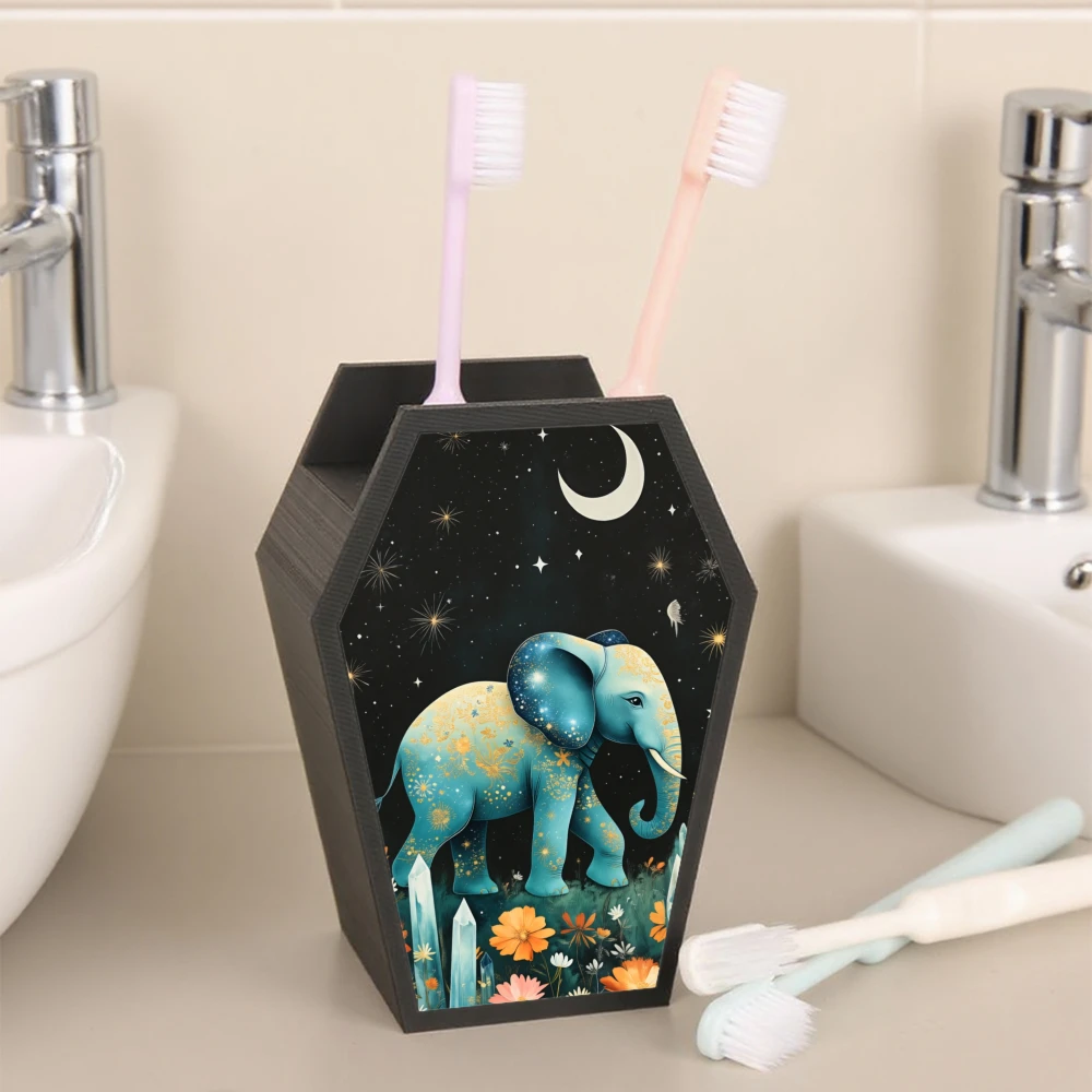 Cross-border Gothic Coffin Shaped Toothbrush Holder With Starry Elephant Print, Multi-grid Bathroom Counter Toothpaste Toothbrus