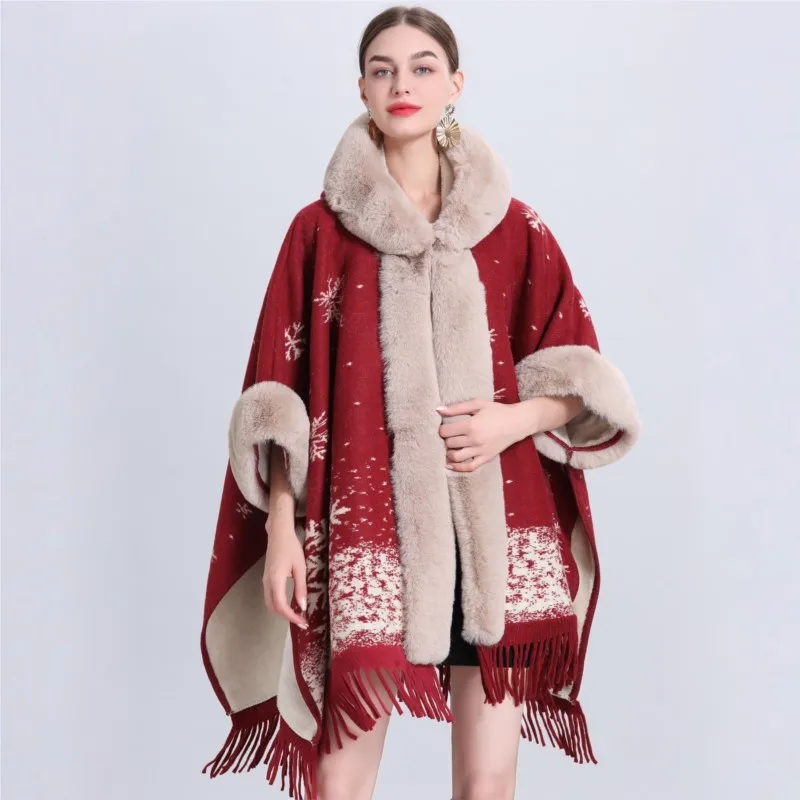 

Red Knitted cardigan jacket velvet 2025 autumn/winter casual imitation rabbit fur collar hooded shawl women's coat plus size