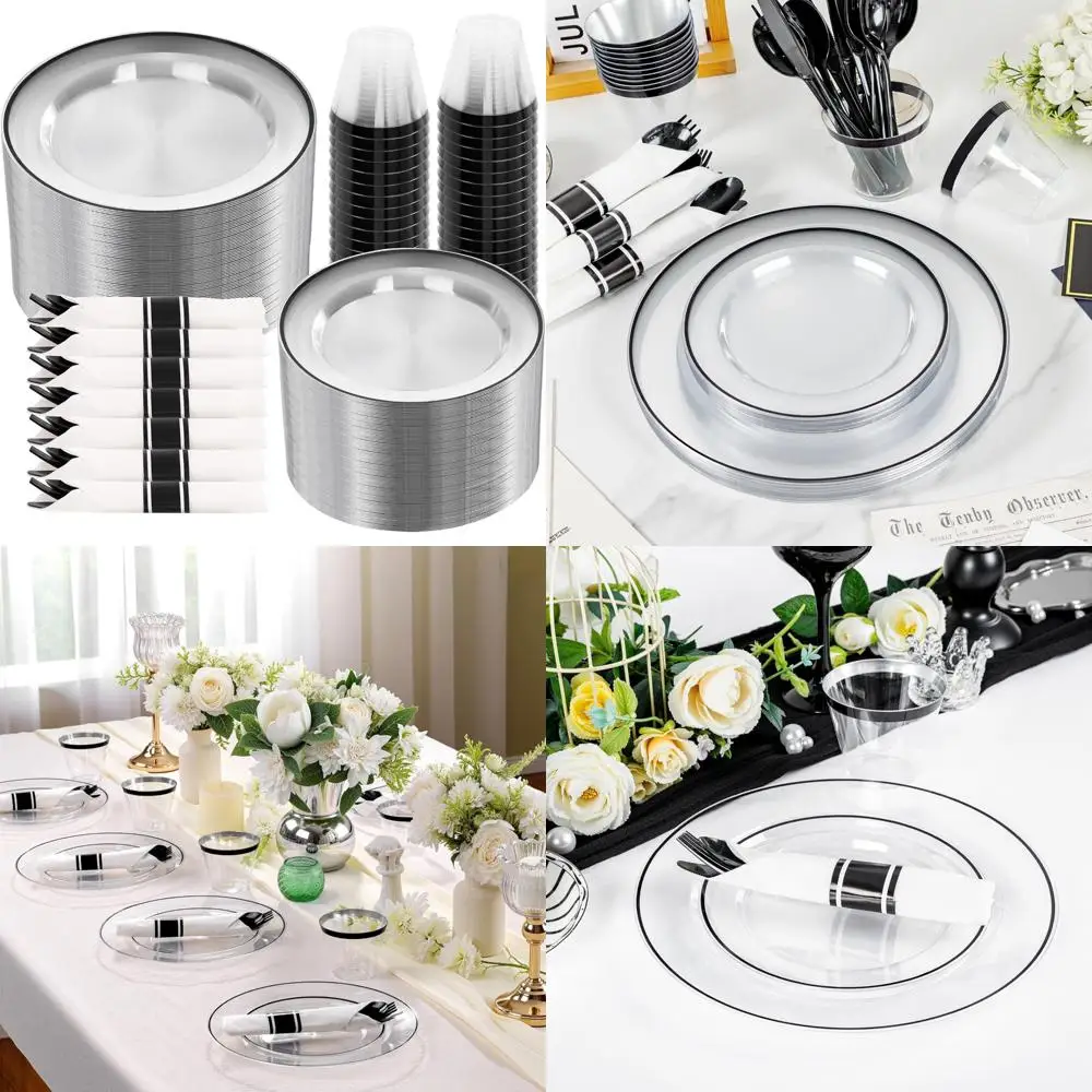 

Plastic Dinnerware Set for 50 Guests: 50 Dinner Plates, 50 Dessert Plates, 50 Pre Rolled Napkins - Black and Clear, Disposable P