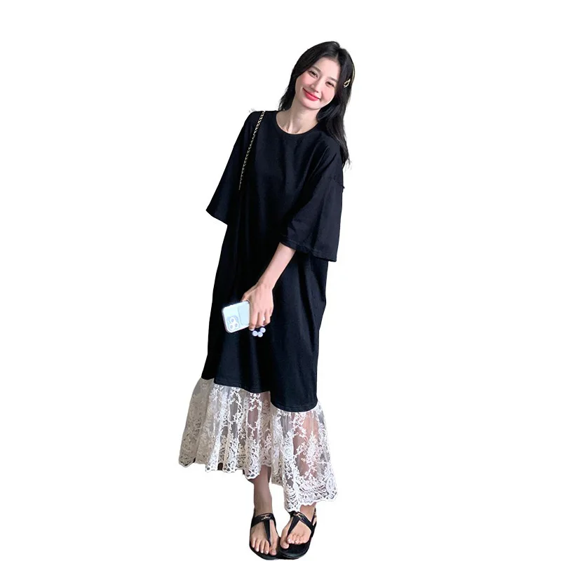 Été nouveau femmes dentelle Patchwork Dr ample viande couvrant T-shirt Dr doux Fi queue jupe a-ligne Midi Dr rond Ne
