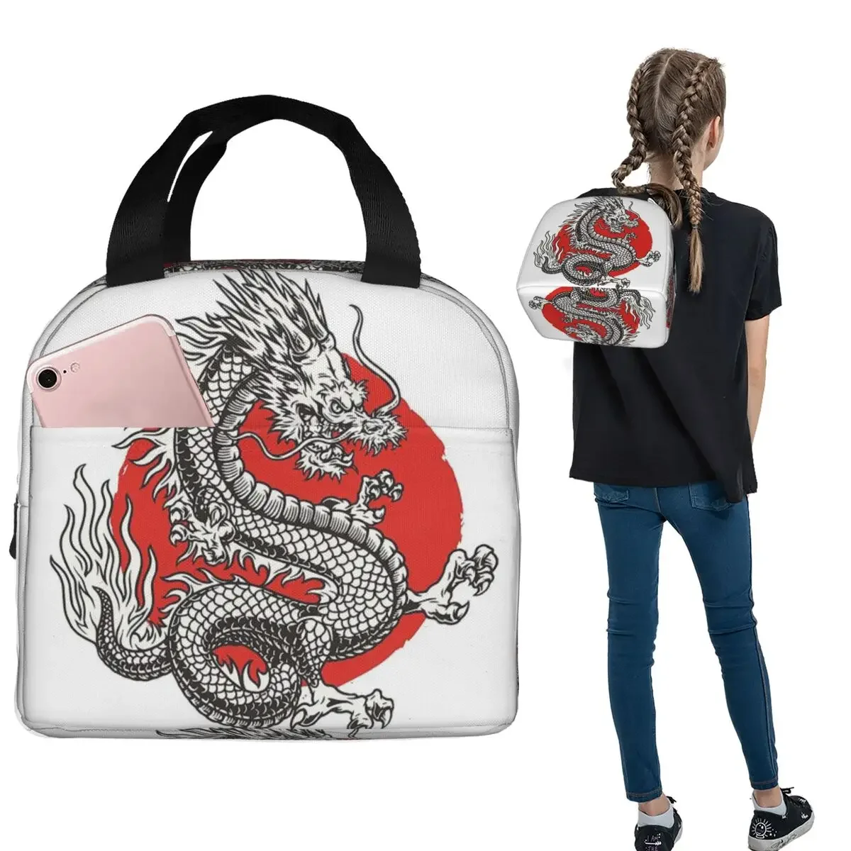 Dragon Red Moon Pattern Insulated Lunch Bag for Women Kids Leakproof Food Boxes Thermal Lunch Box Tote