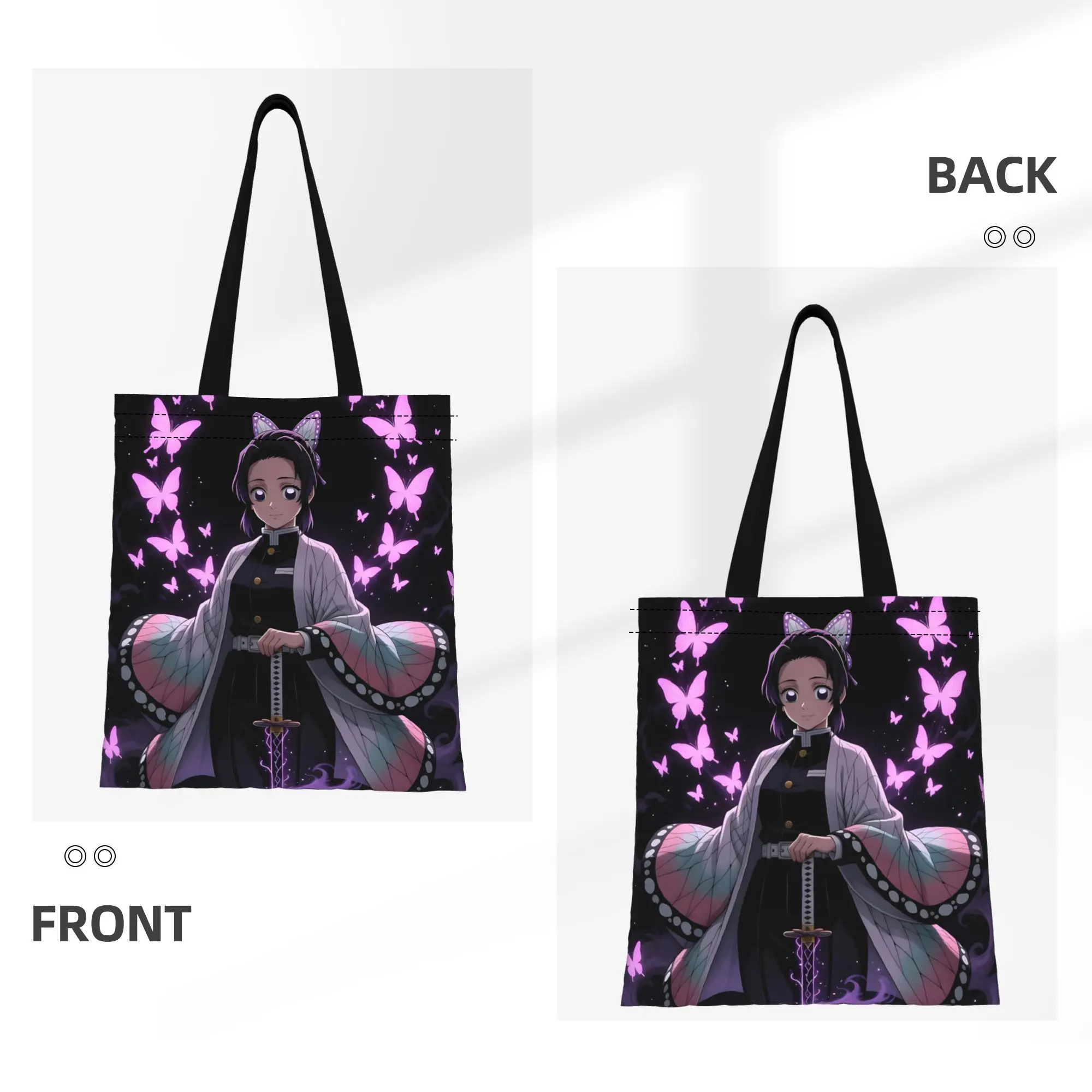 1PC Large Capacity Butterfly Girl Demon Slayer Canvas Tote Bag Foldable Chic Pattern No Closed Design