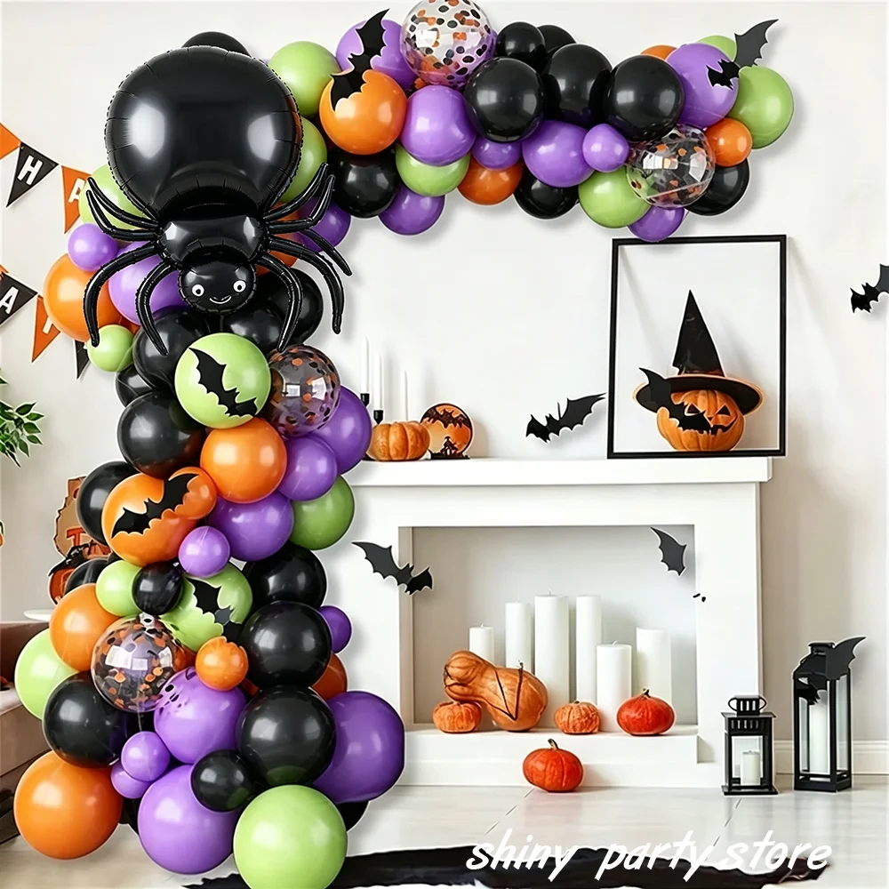 125Pcs Halloween Balloon Garland Arch Kit Black Purple Orange Green Ballon Spider 3D Bat Stickers for Halloween Party Home Decor