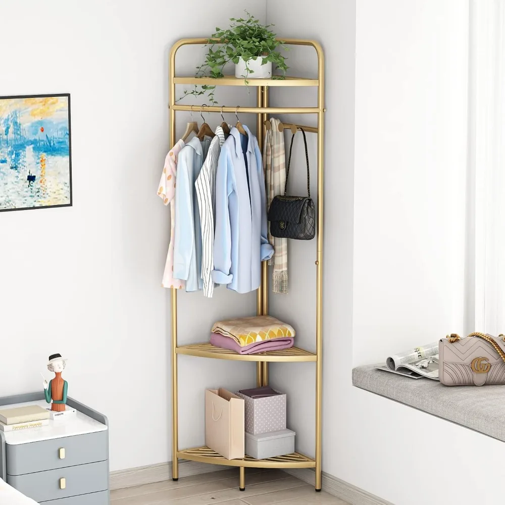 

Corner Heavy Duty Freestanding Clothing Rack with Hooks & 3 Tier Storage Shelves for Home,Bedroom & Living Room, Coat Rack