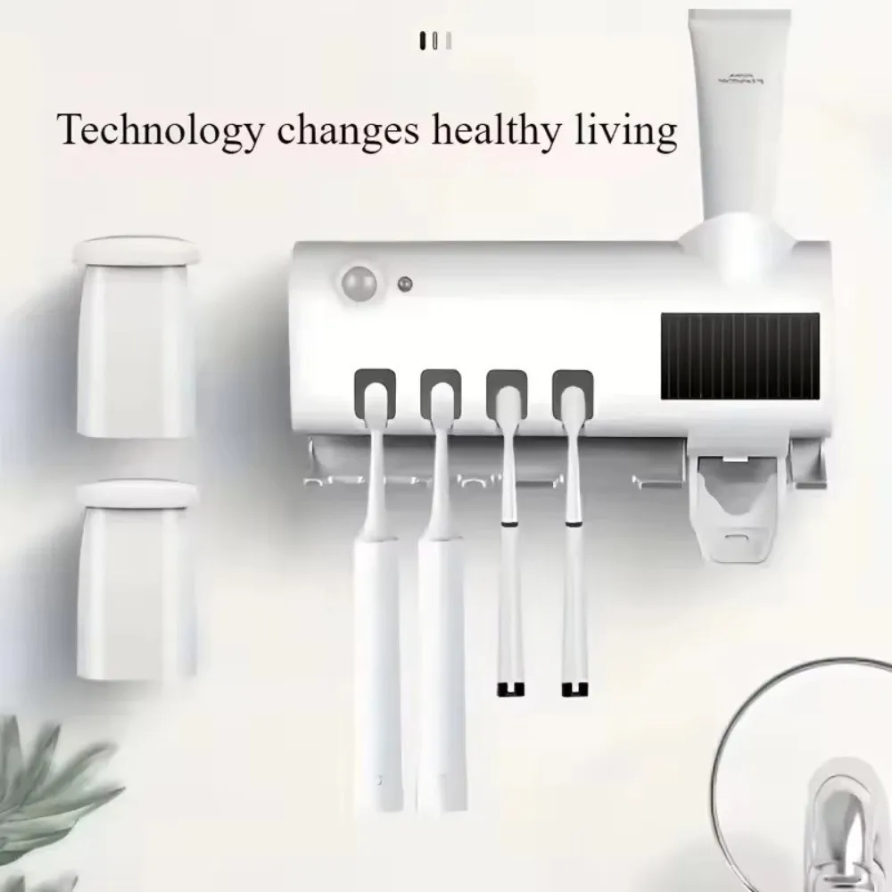 USB Recharge Automatic Toothpaste Dispenser Wall Mount Infrared Sterilizing Smart Toothbrush Holder Solar Powered Touchless
