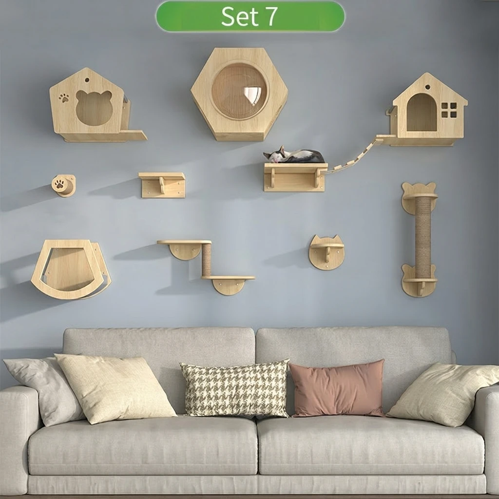 Luxury Wall-mounted Solid Pine Wood Cat Climbing Frame with Jumping Board Platform DIY Customizable for Apartment Wall Space